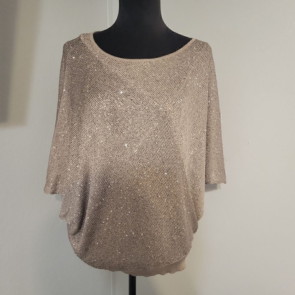 Alfani Tan Sequin Round Neck Dolman Sleeve Pullover Slouchy Knit Blouse Size XL